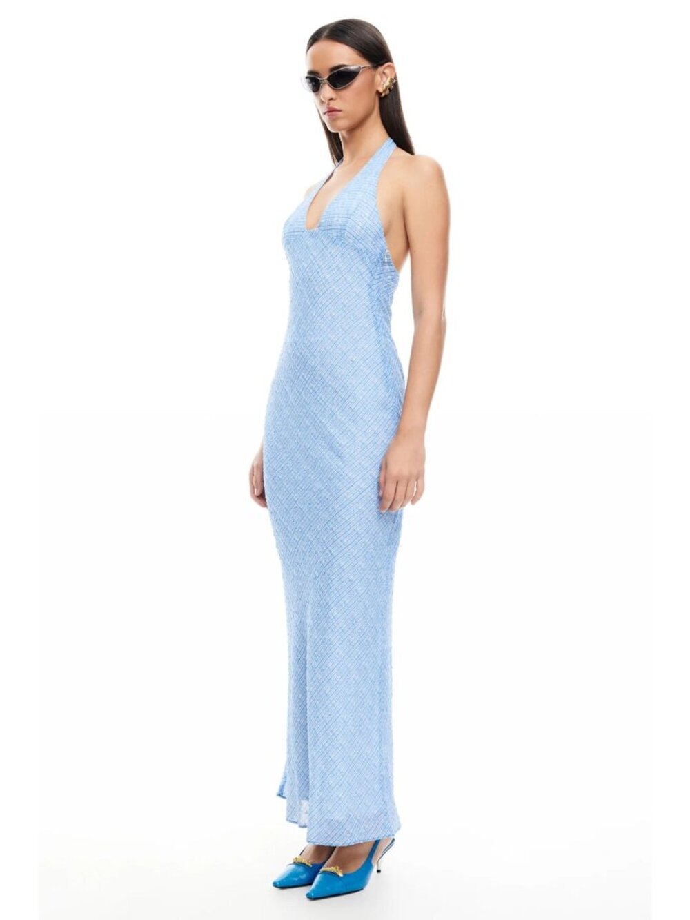 LIONESS Carrie Halter Dress in Blue Check Small New Womens Long maxi Gown - Picture 9 of 15
